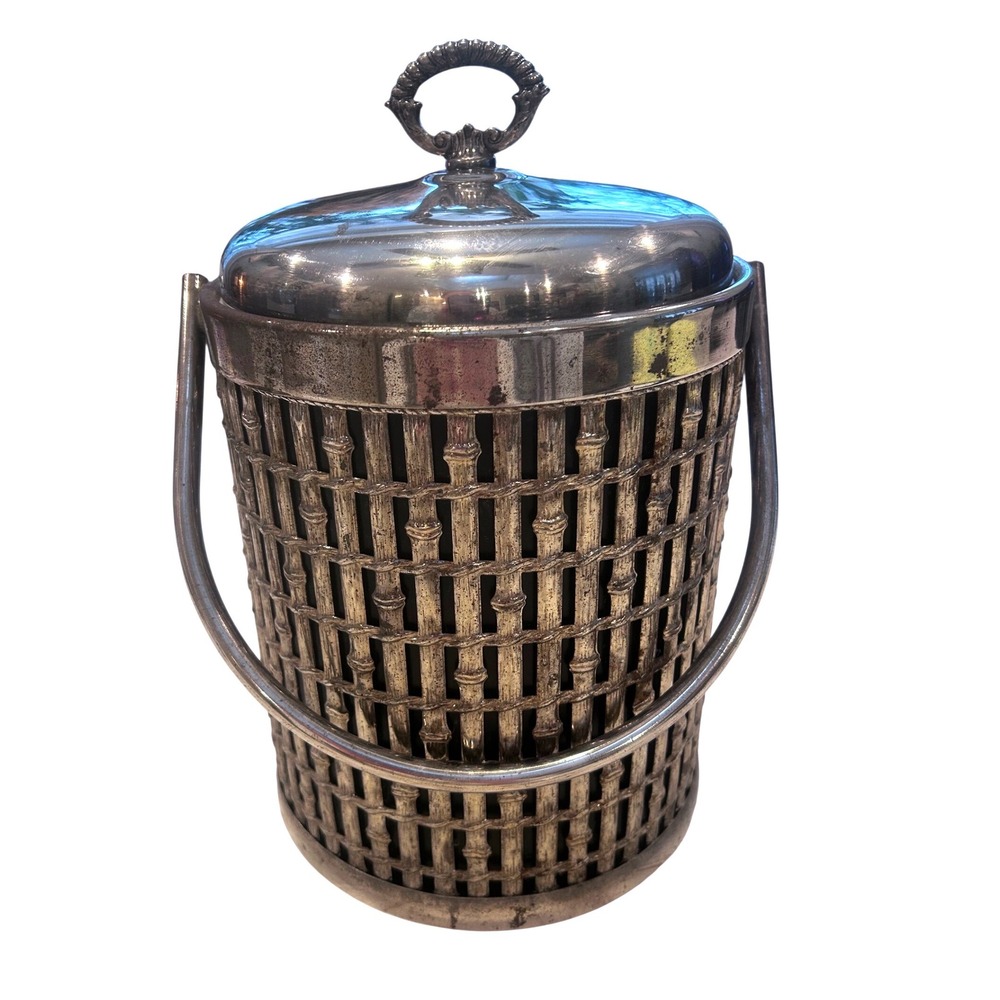 Vintage Hollywood Regency Faux Bamboo Silver Plated Lidded Ice
Bucket.‎